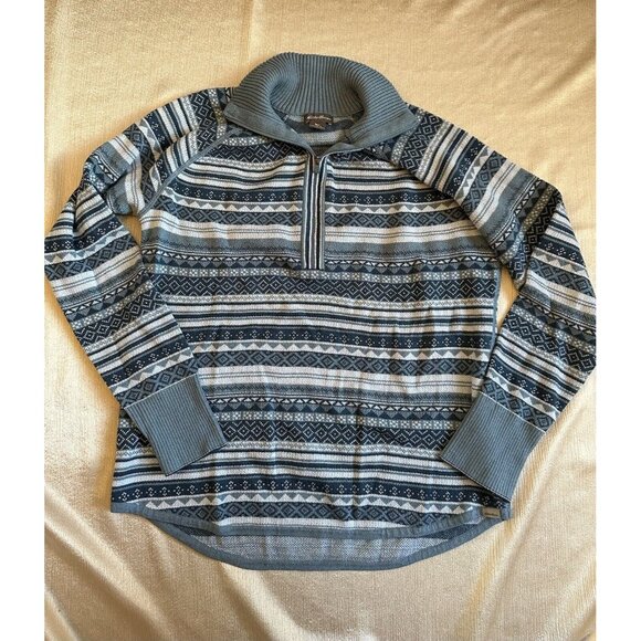 Eddie‎ Bauer 1/4 Zip Nordic Fair Isle Sweater Womens Sz Small Blue High Neck - Picture 2 of 8